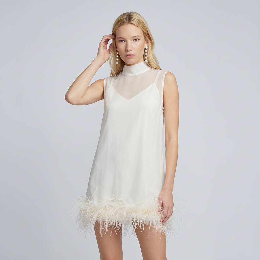 Woman wearing a white dress with feather details on a plain background
