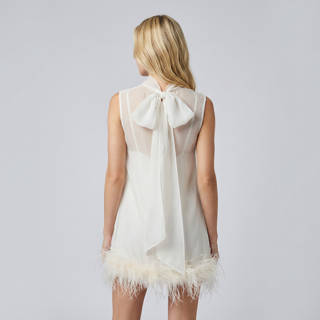 Woman wearing a white dress with a large bow and feather details on a plain background