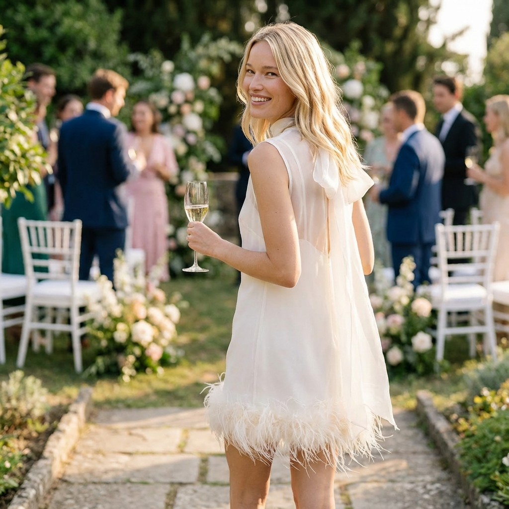 Woman in a white dress holding a glass of wine at an outdoor event with floral decorations.