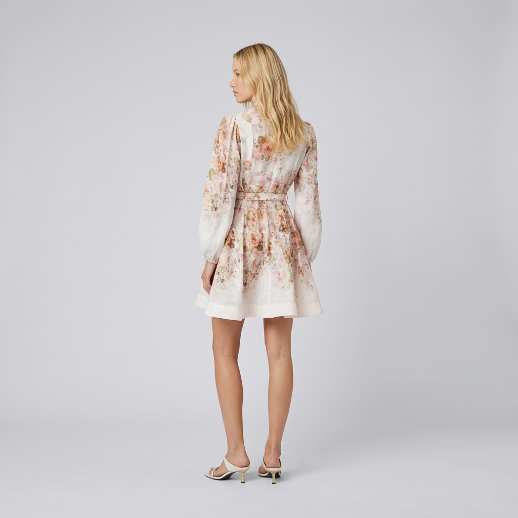 Woman wearing a floral dress on a plain background