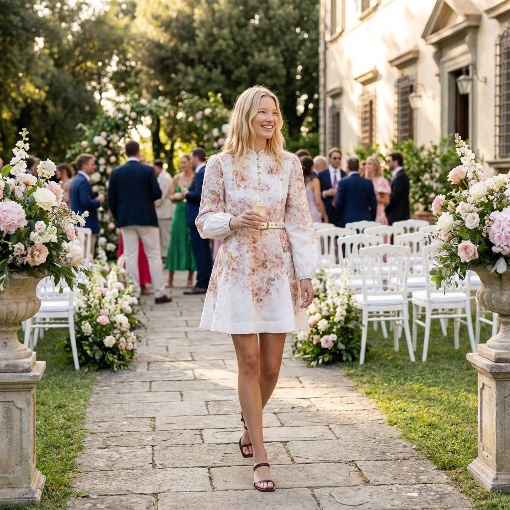 Woman in a floral dress walking down a stone path at an outdoor event with floral decorations.