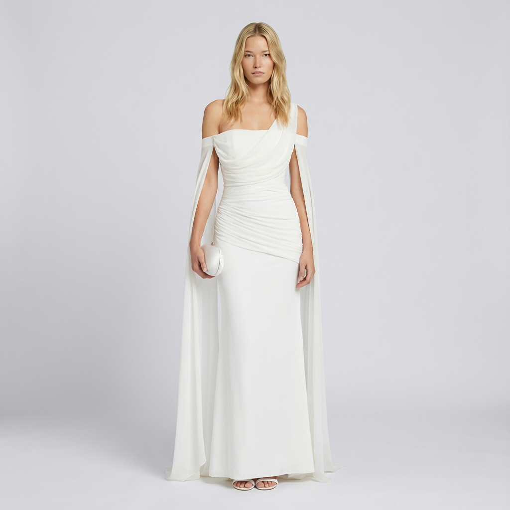 Woman wearing a white off-shoulder gown on a plain background