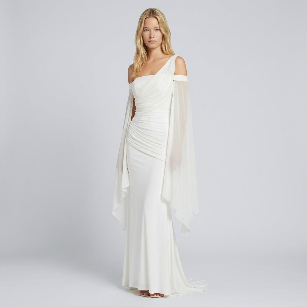 Woman wearing a white one-shoulder gown with a sheer cape on a light gray background