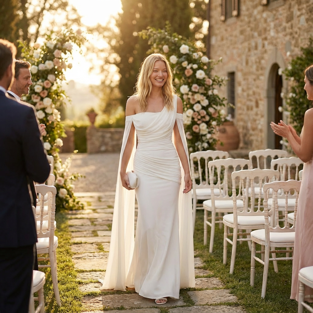 Woman in a white dress standing in front of a decorated outdoor wedding venue.