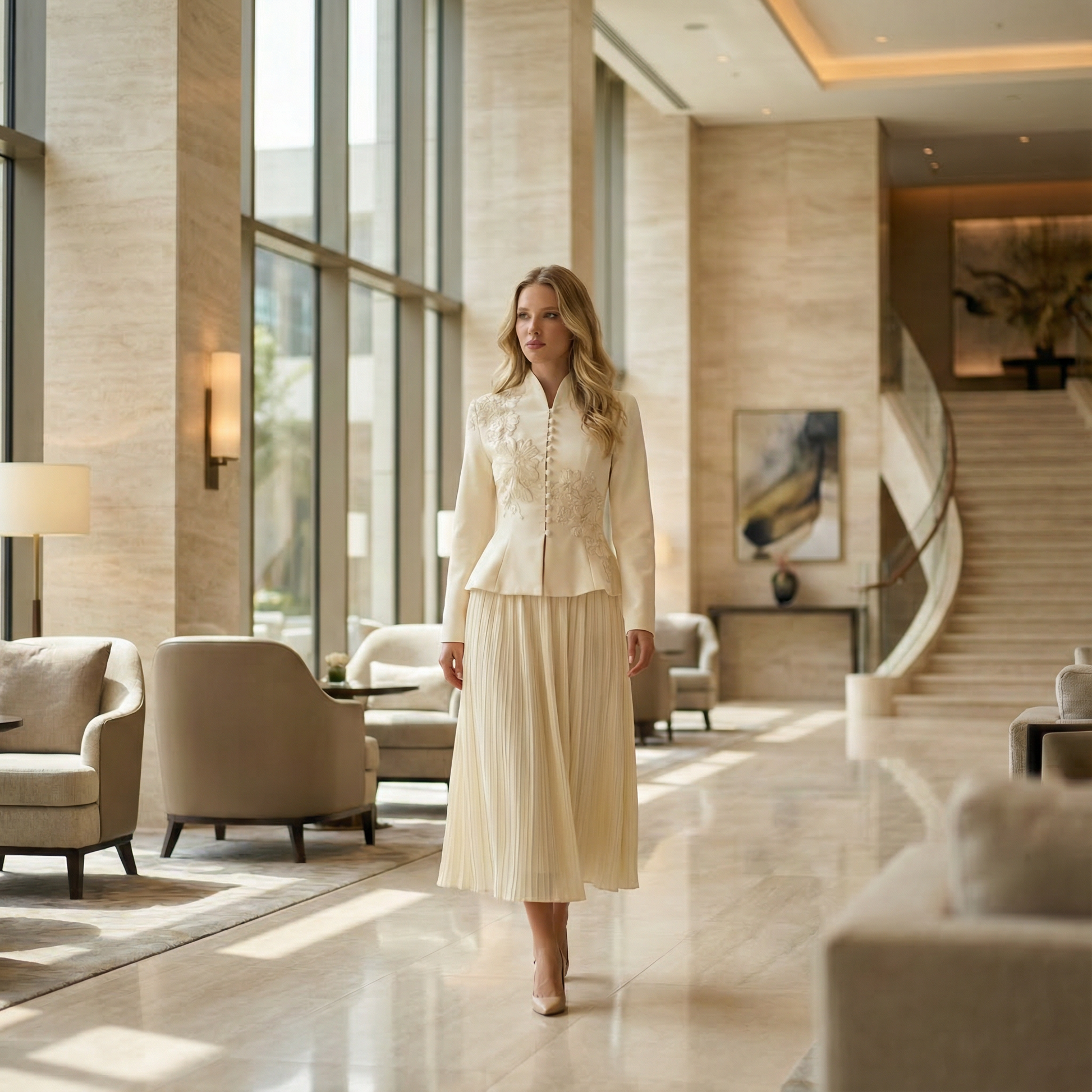 Woman in a beige outfit walking through a luxurious hotel lobby.