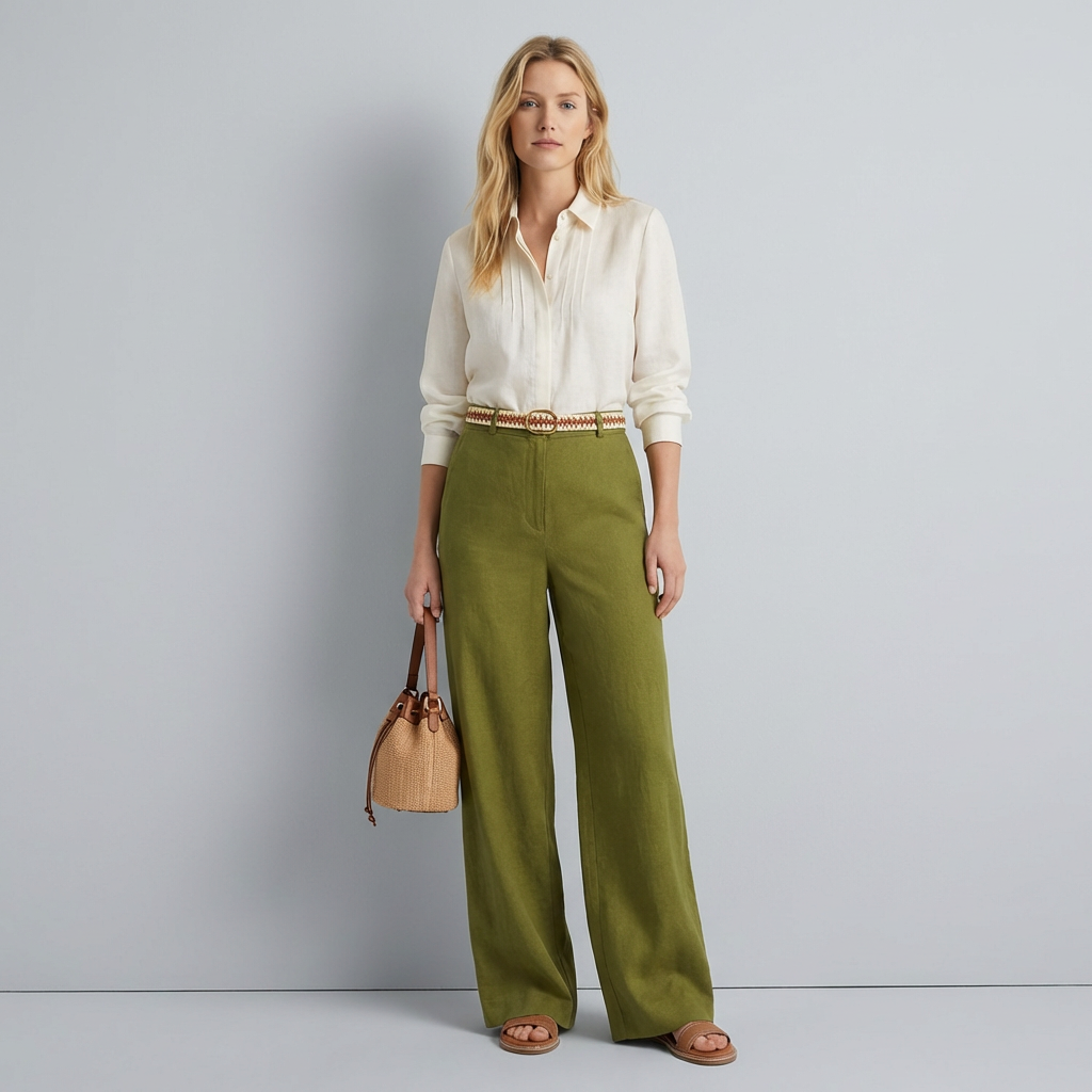 Woman wearing a white blouse and green pants holding a brown handbag against a gray background