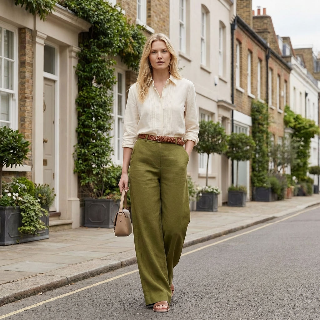 Woman walking down a street in a residential area wearing a white shirt and green pants.