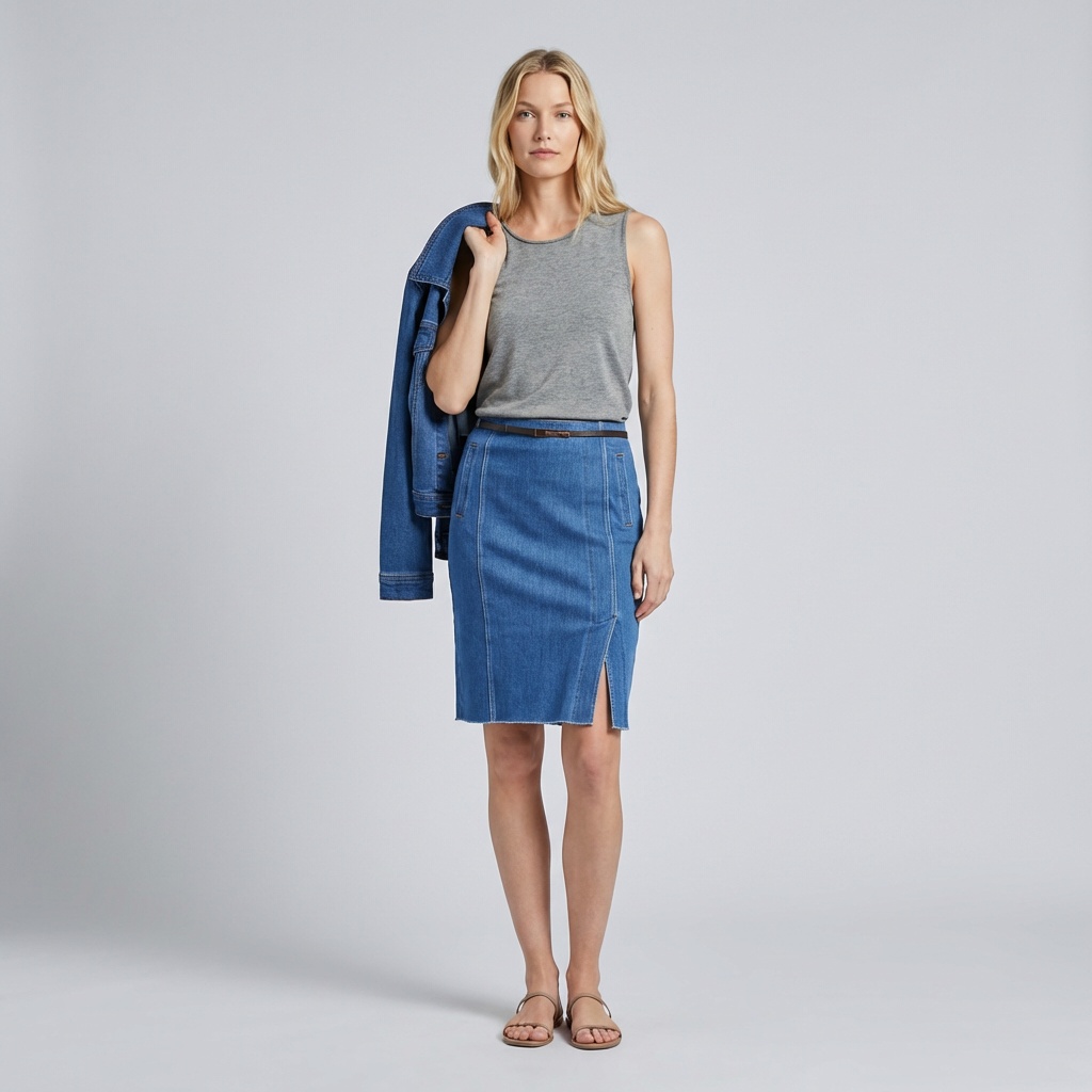Woman wearing a gray tank top, blue denim skirt, and blue jacket on a light gray background