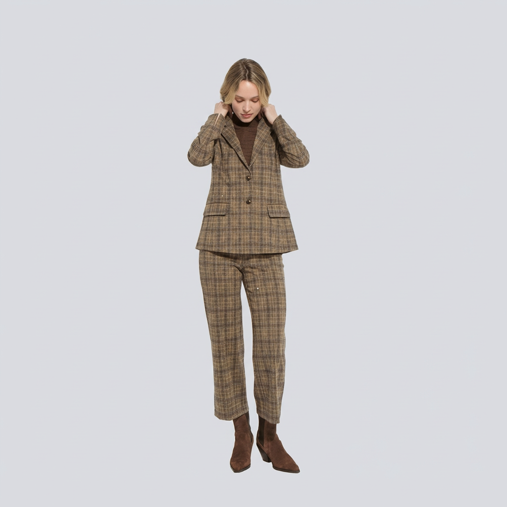 Woman wearing a plaid suit on a light gray background