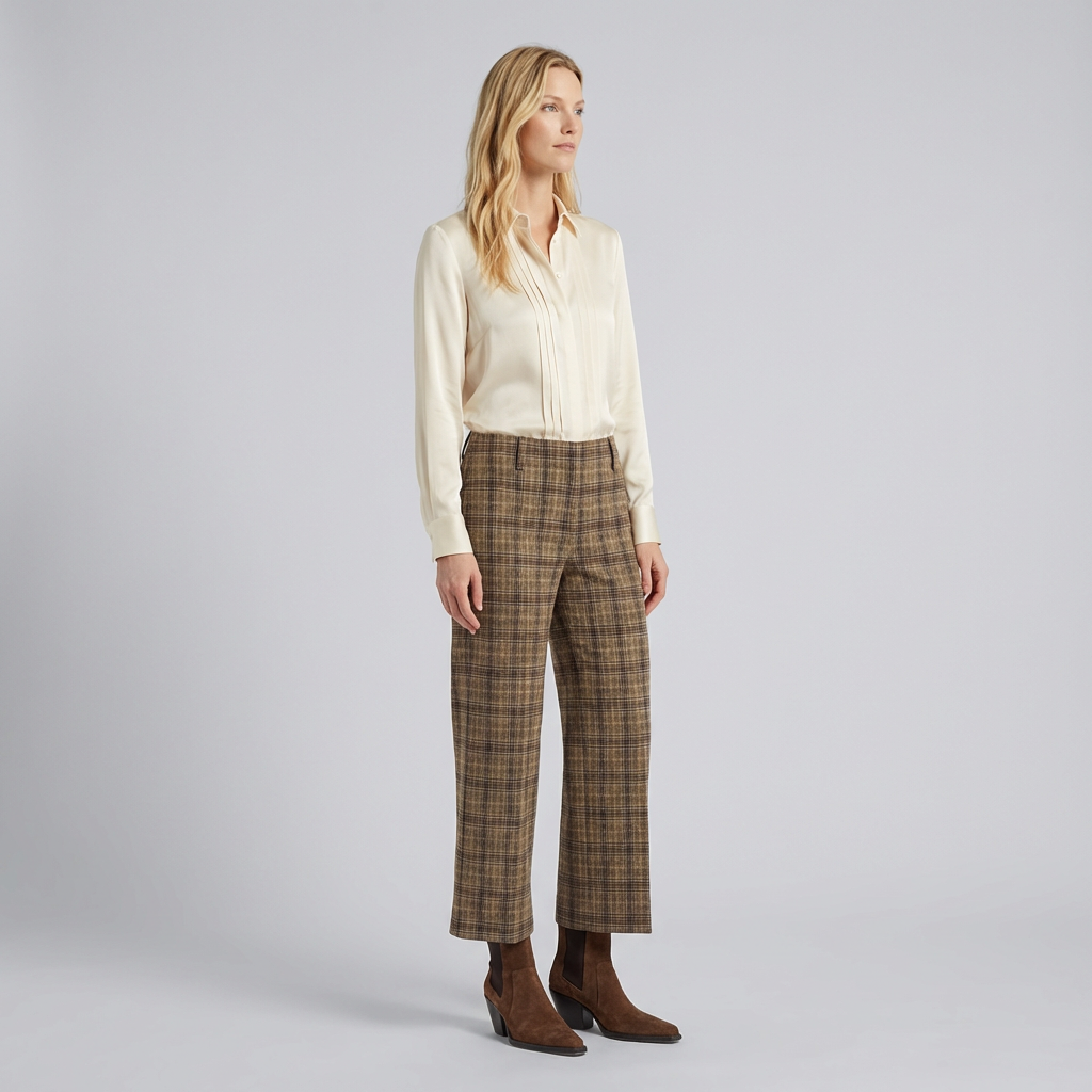 Woman wearing a cream blouse and plaid pants on a gray background