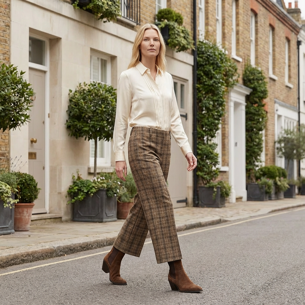 Woman walking on a street with a row of houses and plants in the background