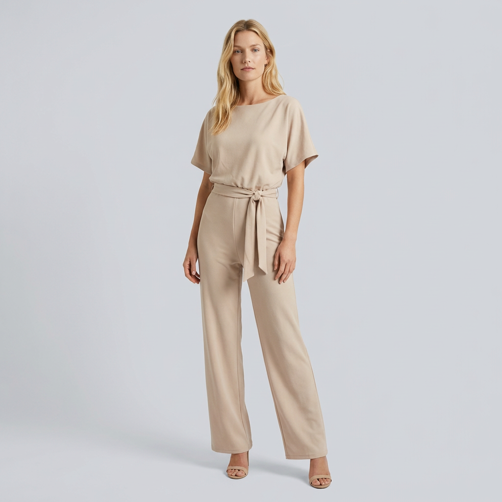 Woman wearing a beige jumpsuit on a plain background