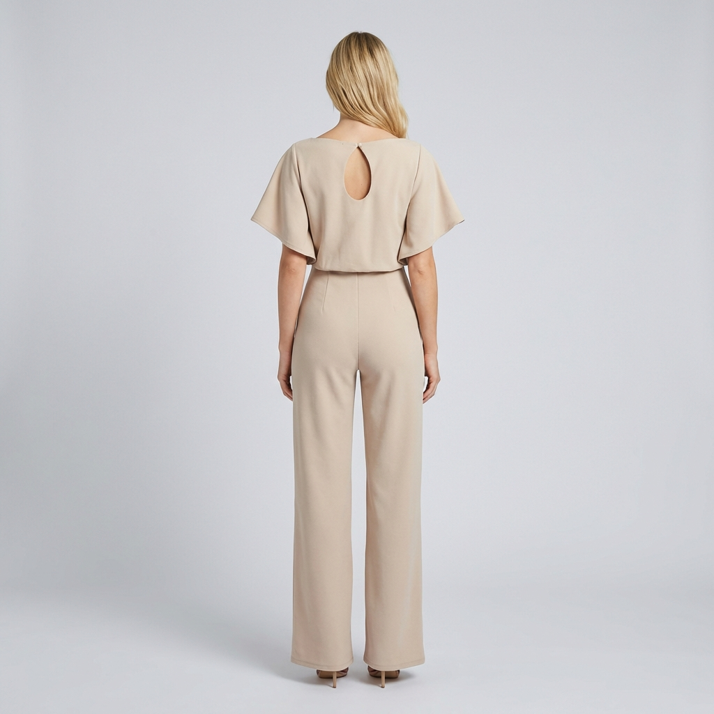 Woman wearing a beige jumpsuit on a plain background