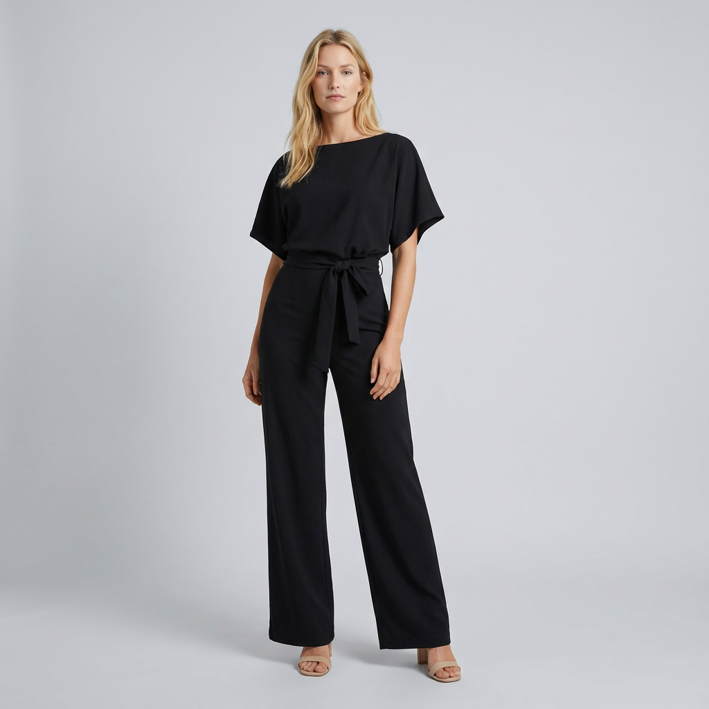 Woman wearing a black jumpsuit on a plain background