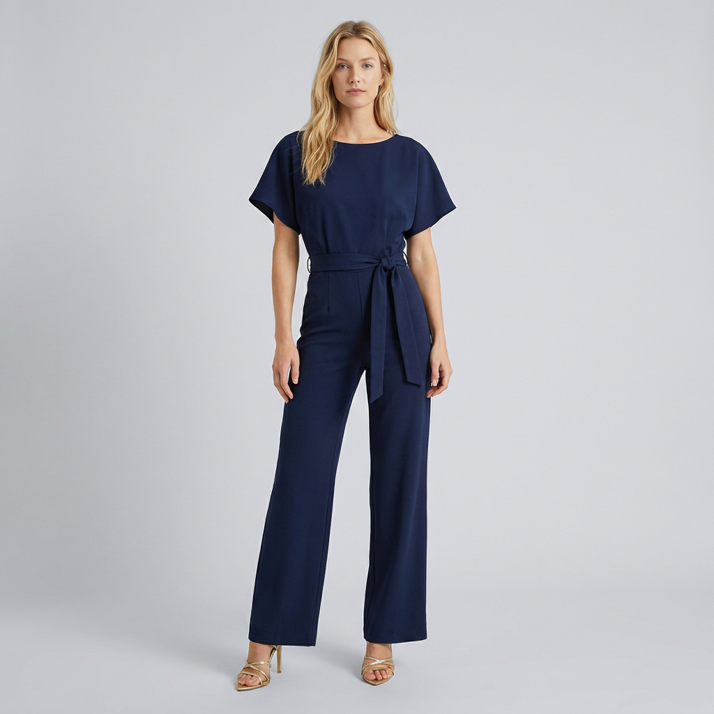 Woman wearing a navy blue jumpsuit on a light gray background