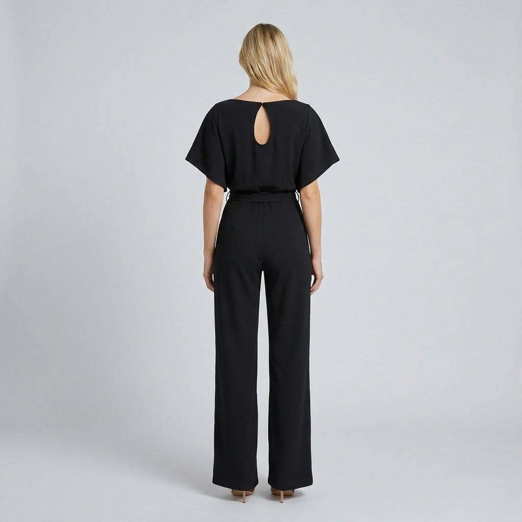 Woman wearing a black jumpsuit on a plain background