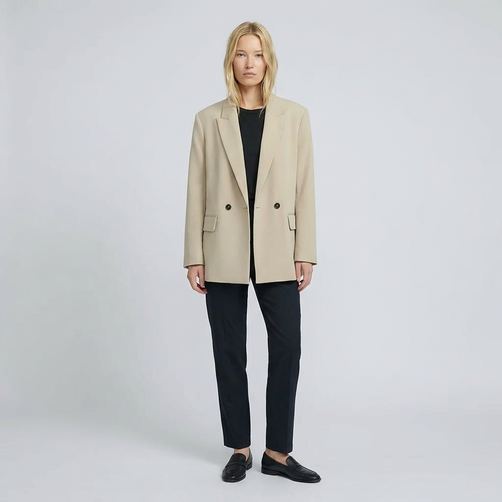 Woman wearing a beige coat over a black top and pants on a white background