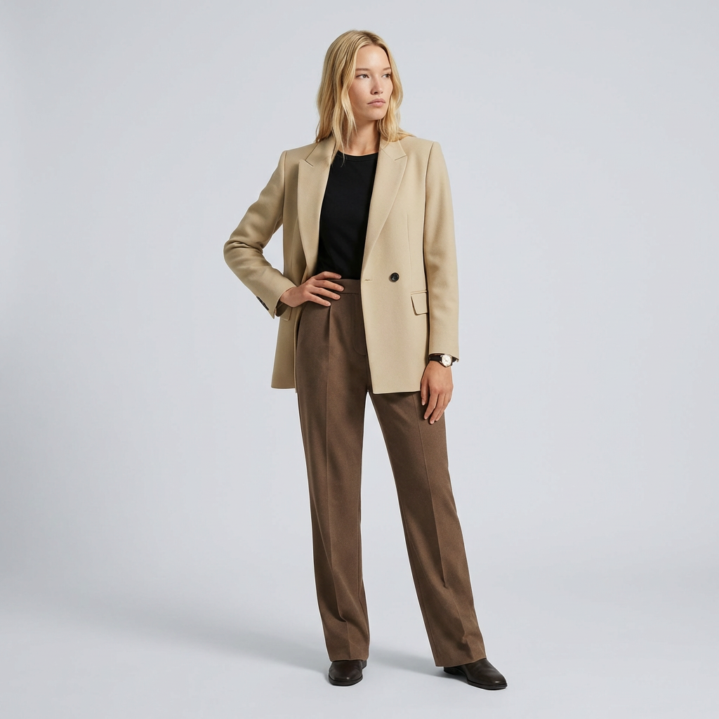 Woman wearing a beige blazer and brown pants on a light gray background