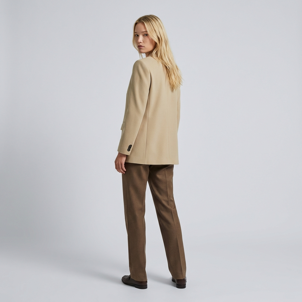 Woman wearing a beige blazer and brown pants on a light gray background