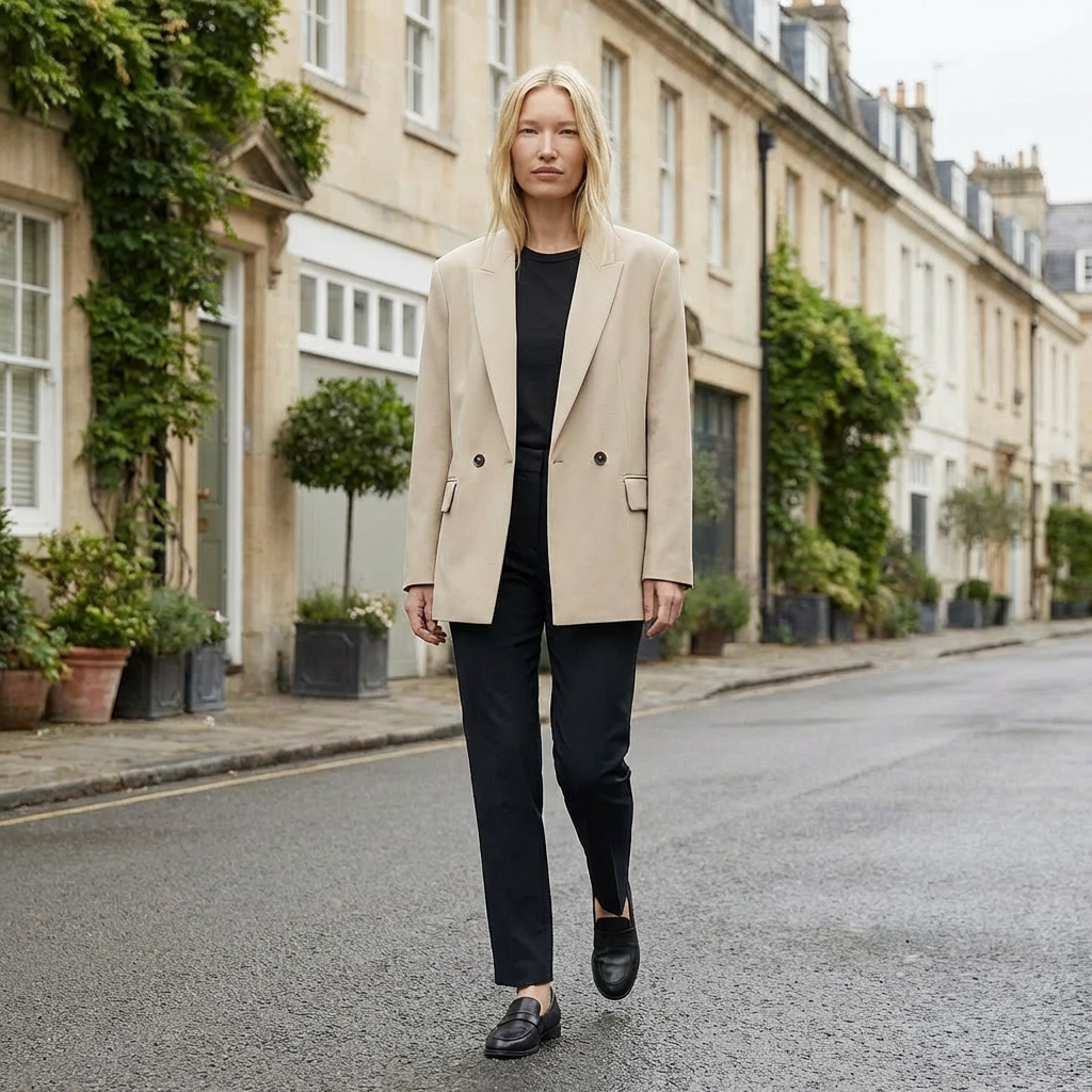 Woman in a beige blazer standing on a street with a row of houses and plants in the background.