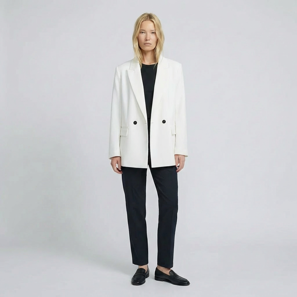 Person wearing a white blazer and black pants on a plain background