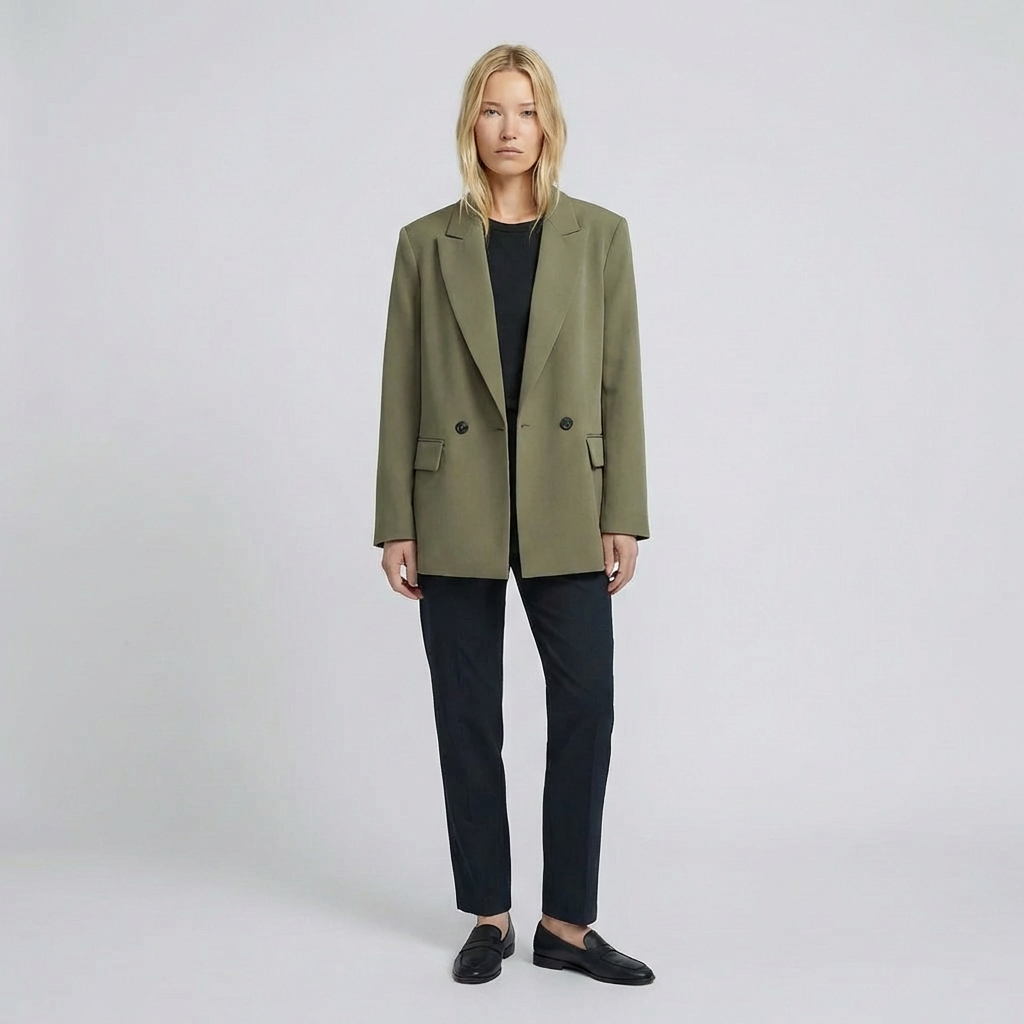 Person wearing a green coat and black pants on a white background