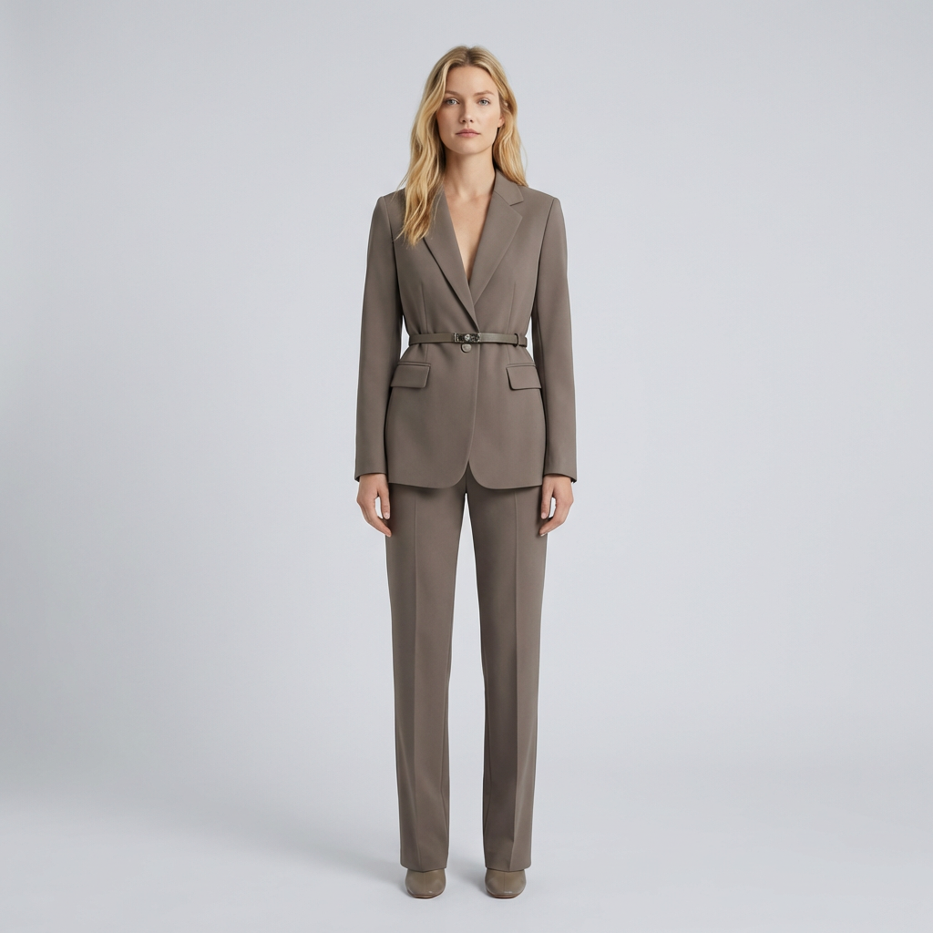 Woman wearing a brown suit on a light gray background