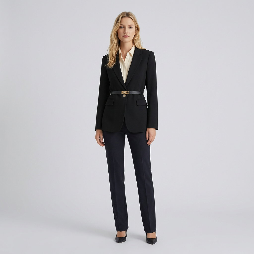 Woman wearing a black suit with a white shirt on a light gray background