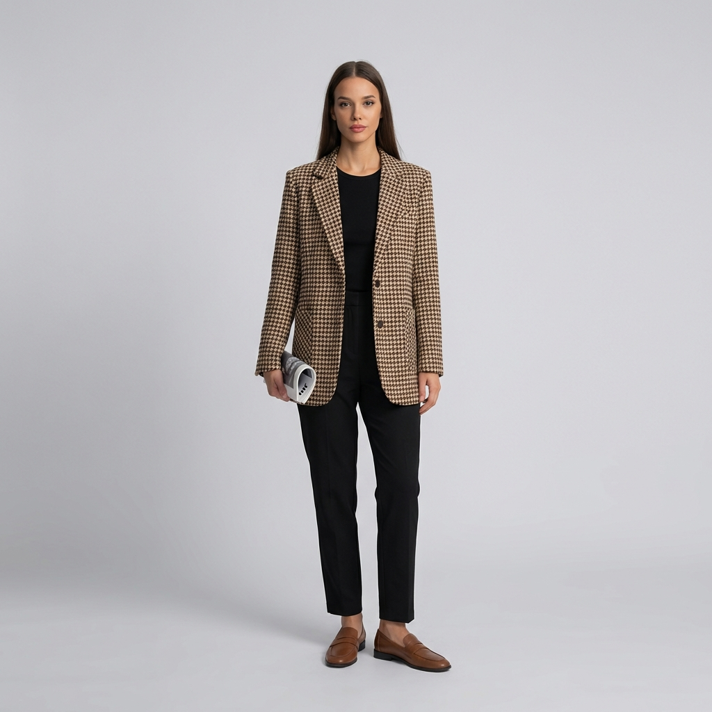 Woman wearing a checkered blazer over a black top and pants, holding a clutch on a light gray background
