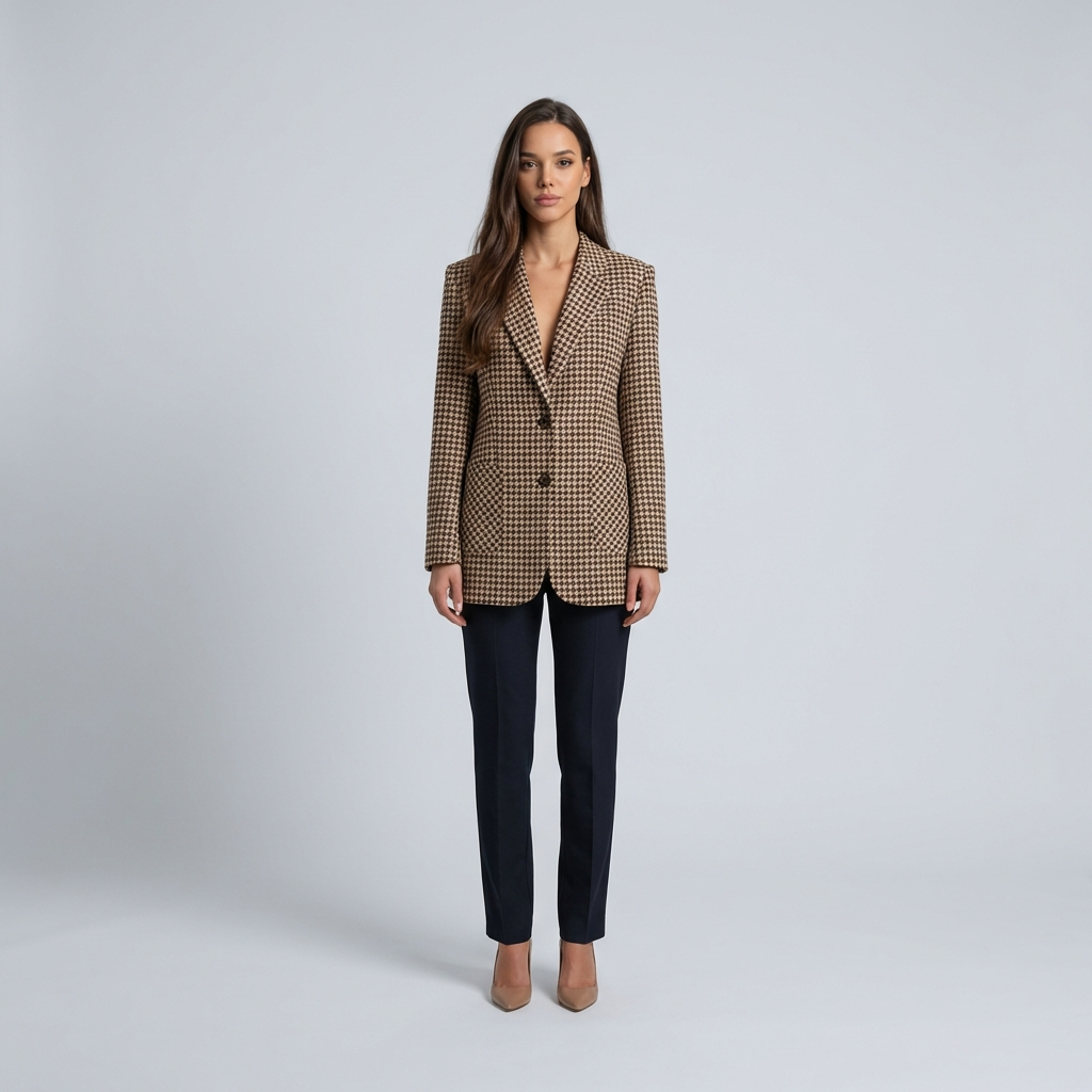 Woman wearing a checkered blazer and black pants on a light gray background
