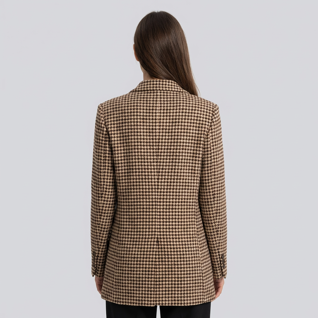 Woman wearing a houndstooth patterned blazer on a light gray background