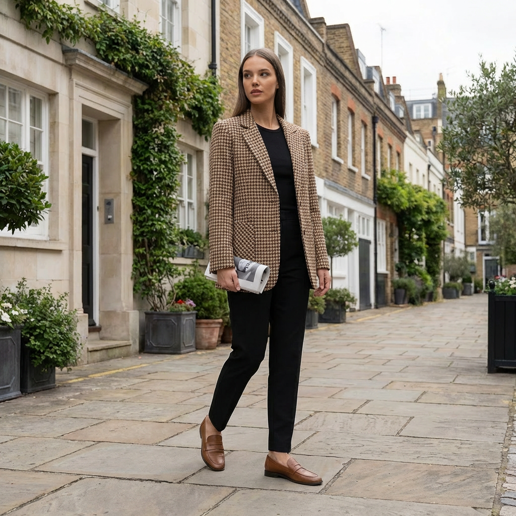 Woman in a plaid blazer and black pants walking down a street with buildings and plants in the background.