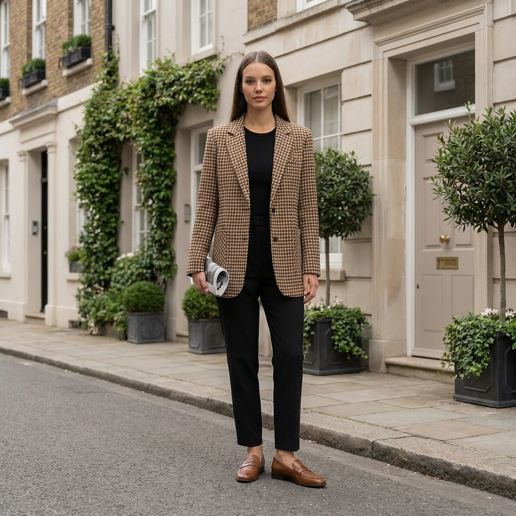 Woman in a brown checkered blazer and black pants standing on a street with a building in the background.