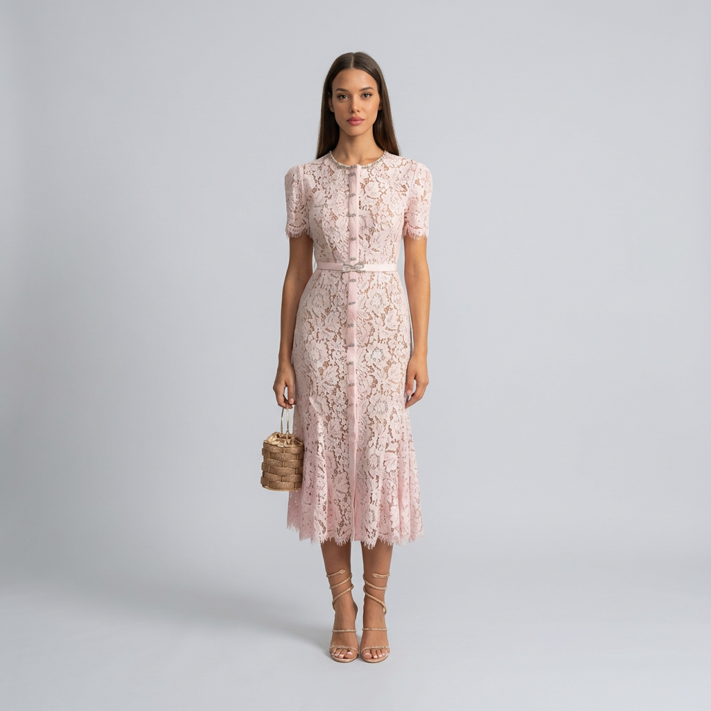Woman wearing a pink lace dress holding a woven handbag on a gray background