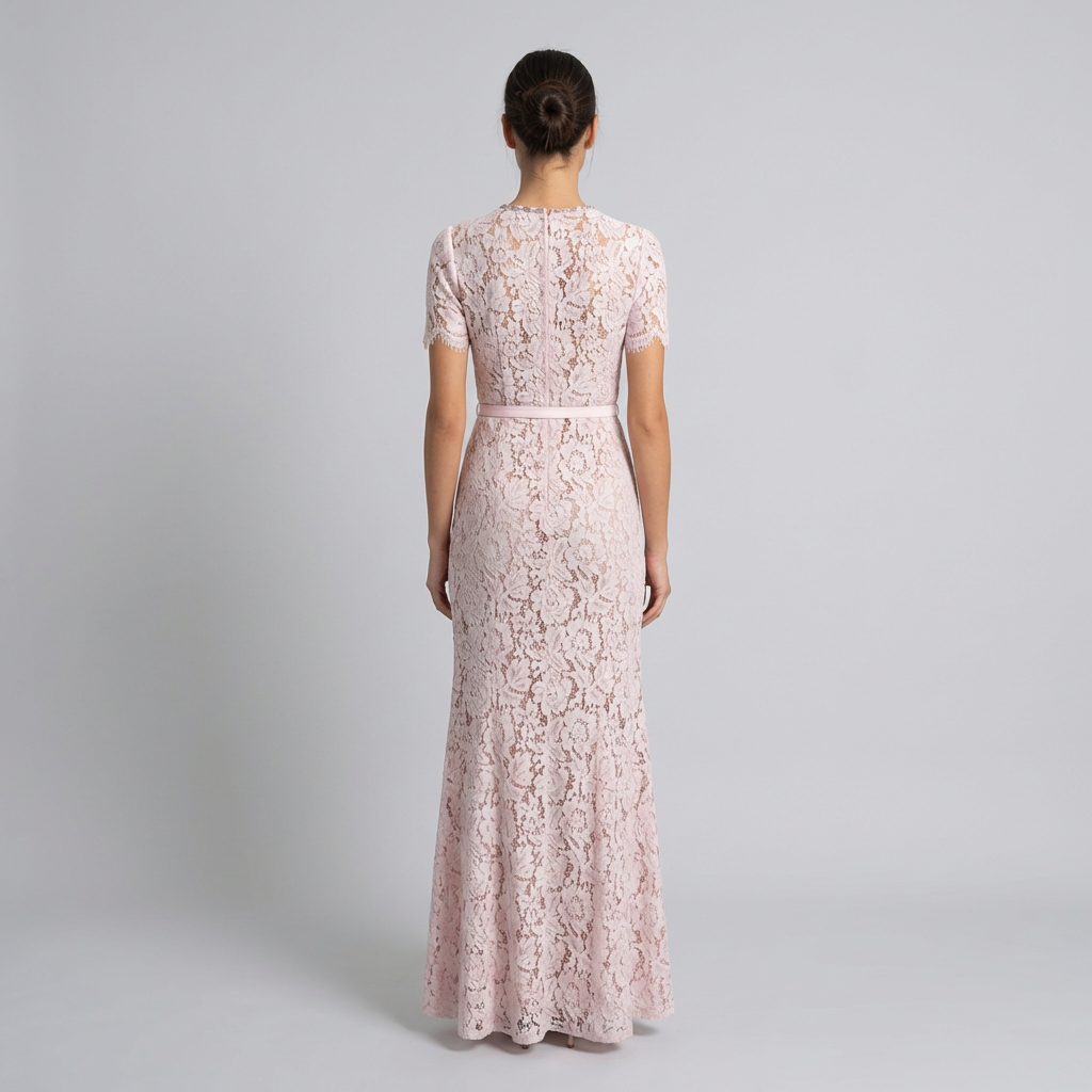 Woman wearing a long lace dress on a plain background