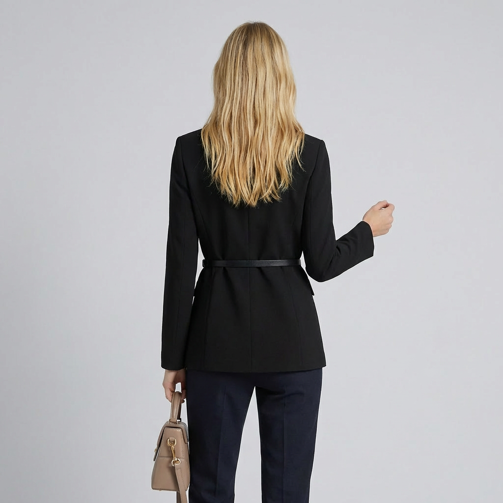 Woman wearing a black suit with a white shirt on a light gray background