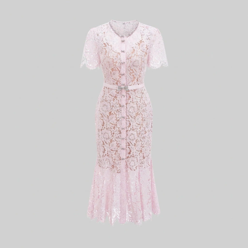 Pink lace dress on a gray background