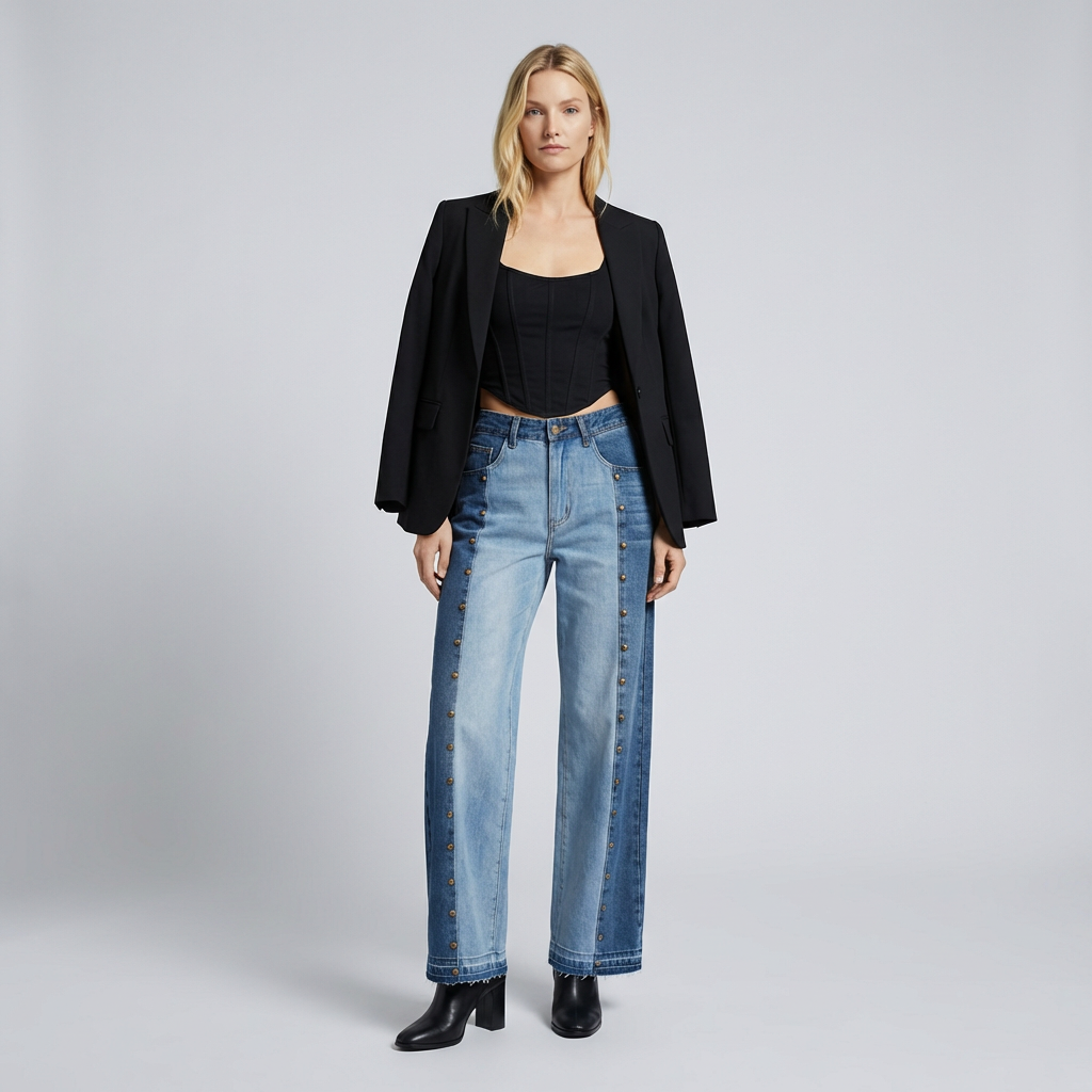 Woman wearing a black blazer, black top, and blue jeans on a gray background