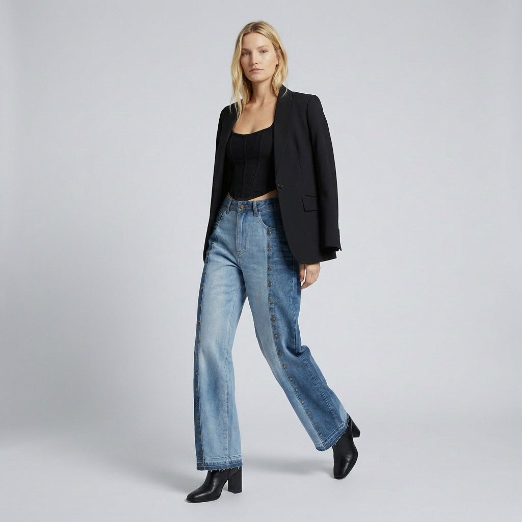 Woman wearing a black blazer, black top, and blue jeans on a light gray background