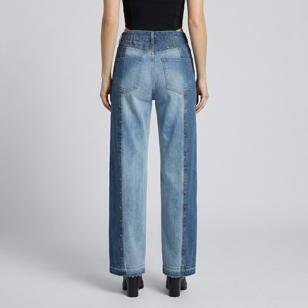 Blue jeans worn by a person on a plain background