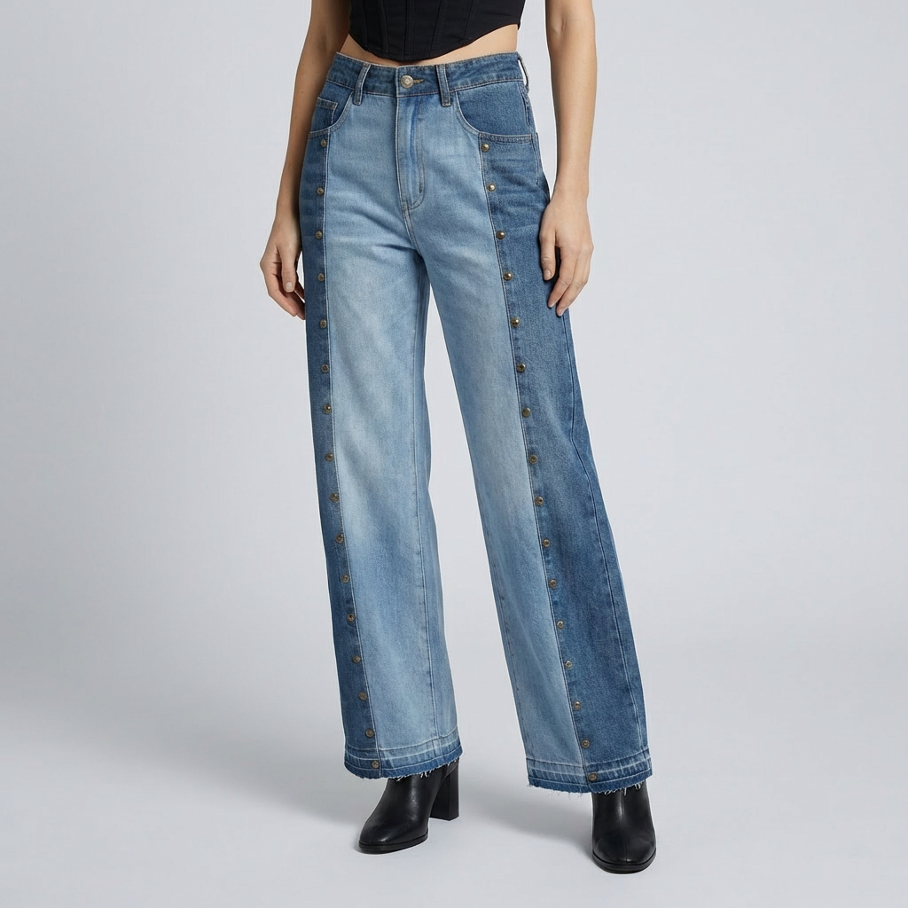 Blue jeans with decorative buttons on a gray background