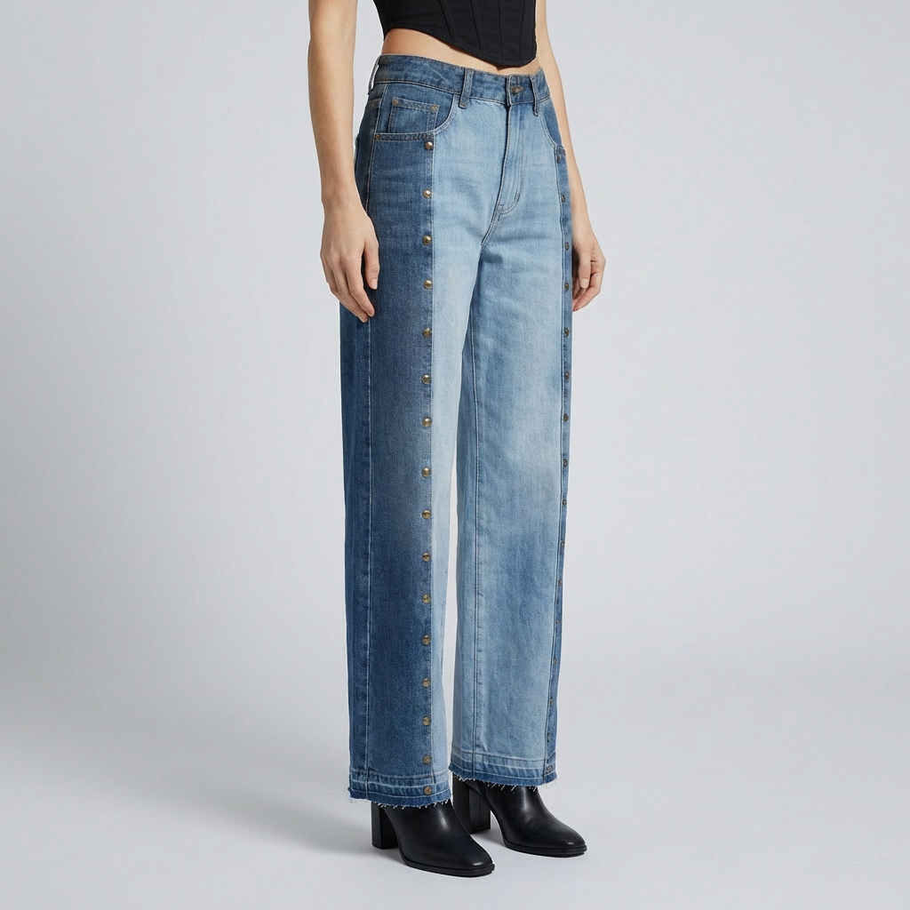 Light blue jeans worn by a person on a gray background