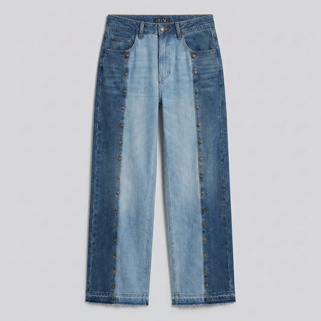 Blue jeans with decorative buttons on a light gray background