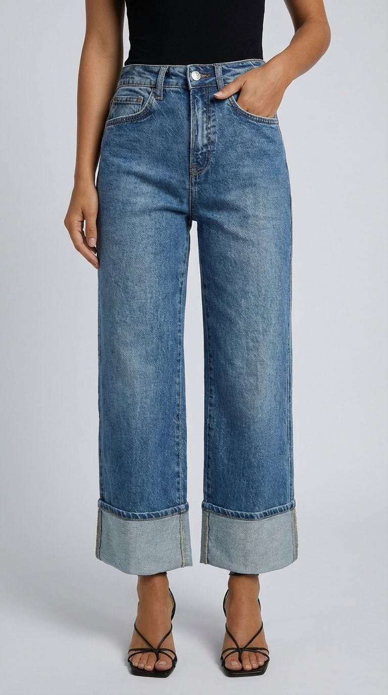 Person wearing blue wide-leg jeans on a plain background