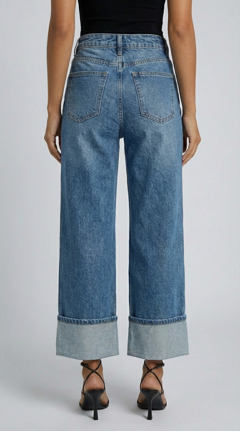 Wide-leg jeans worn by a person on a plain background