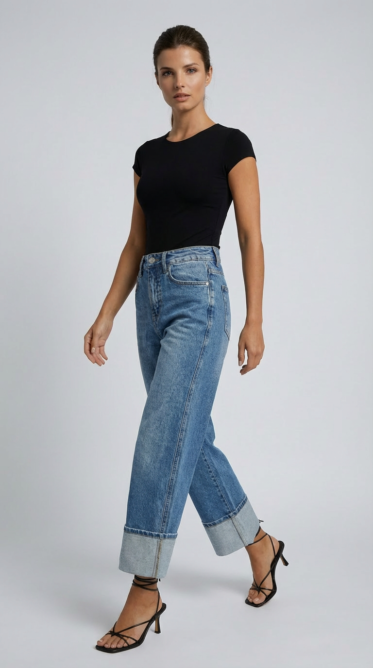 Woman wearing a black top and blue jeans on a gray background