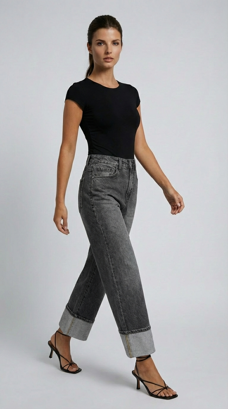 Woman wearing black top and gray jeans on a white background