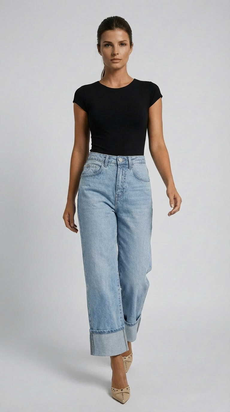 Woman wearing a black t-shirt and light blue jeans on a white background