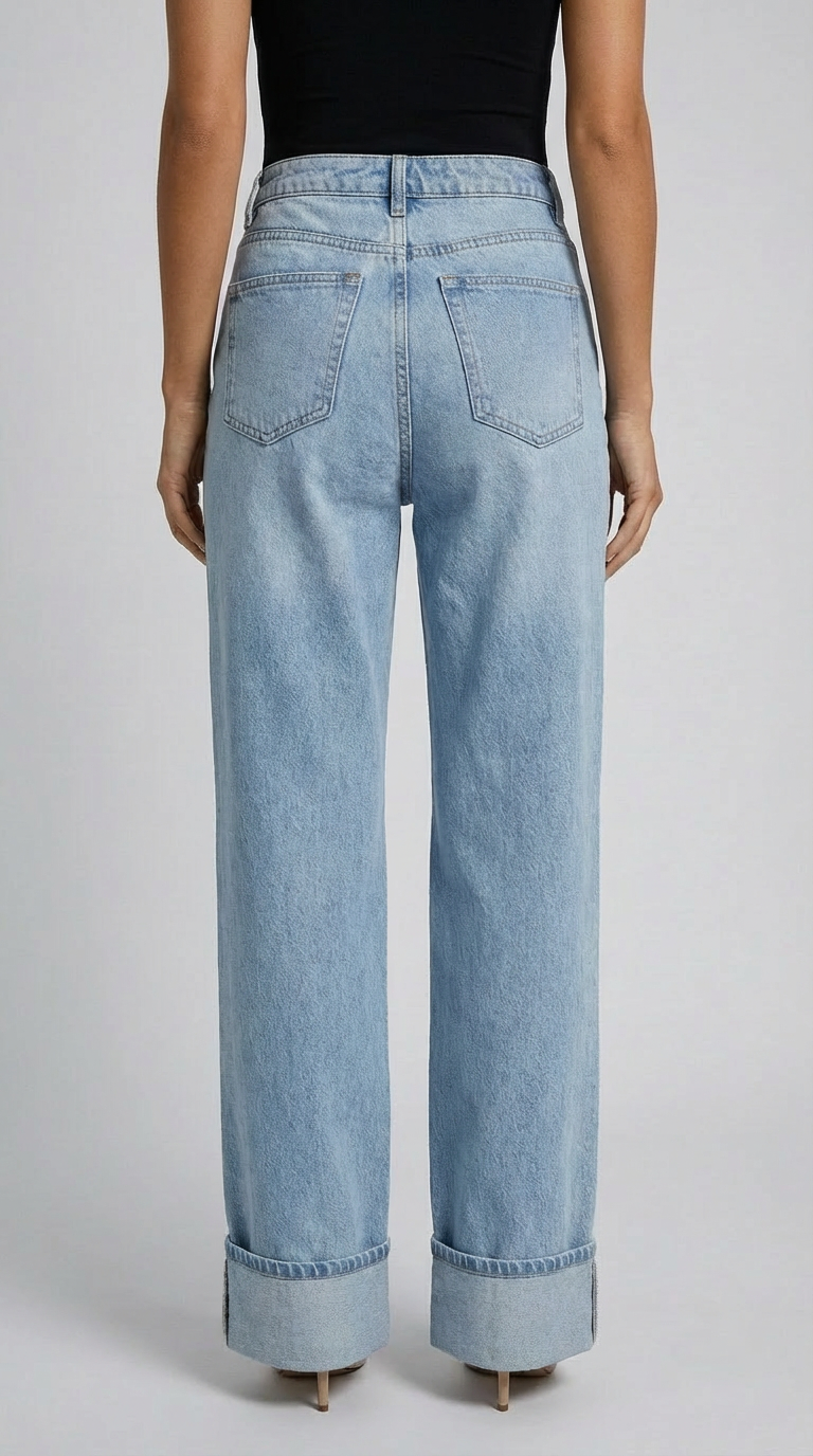 Light blue jeans worn by a person on a gray background