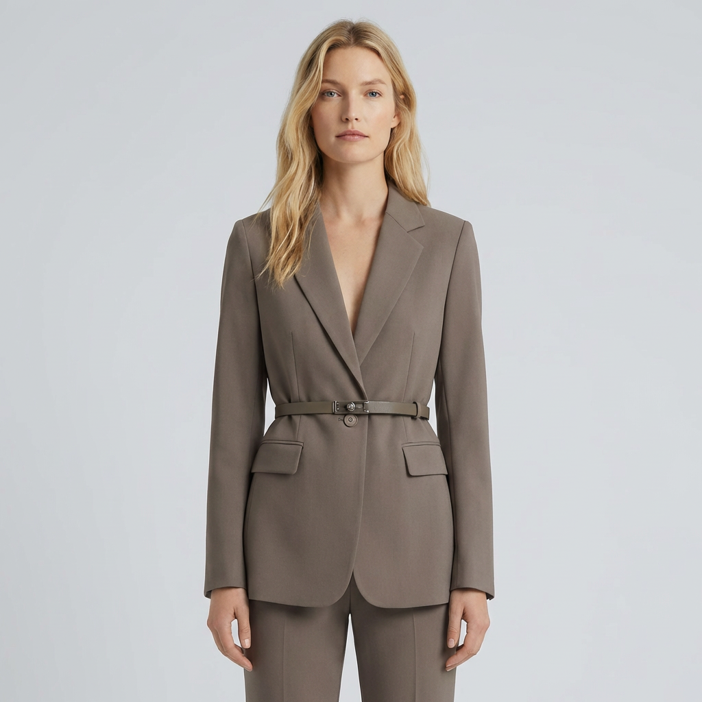Woman wearing a brown suit on a light gray background